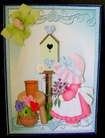 Little Bonnet Girl Gardening with Birdhouse by Rae Trees