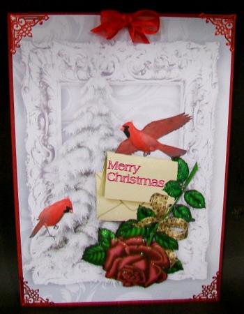 Red Rose with Red Cardinals, in Silver Frame by Rae Trees