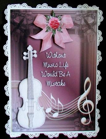 Life Without Music Pink Card Front with Decoupage by Rae Trees