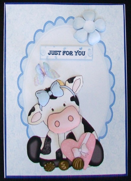 Valentine Cow with Blue Bow & Chocolates by Rae Trees