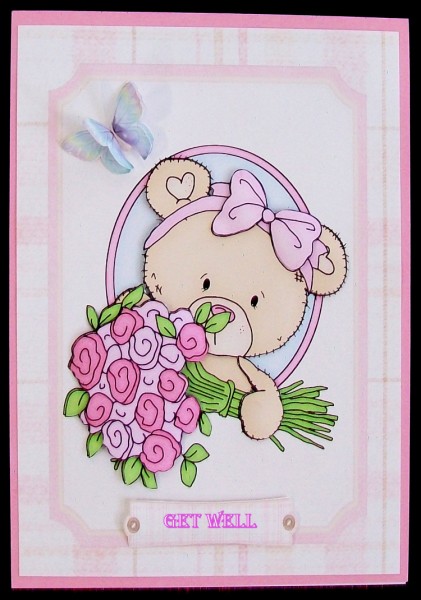 Cute Bear with Roses in Round Frame by Rae Trees