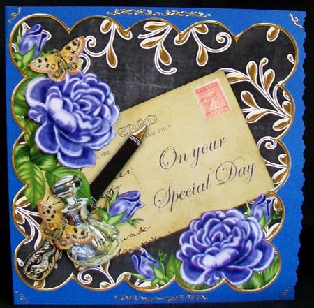 Blue Roses Black Special Day Scallop 8in Decoupage Topper by Rae Trees