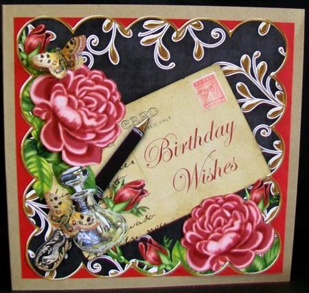 Deep Pink Roses Black Birthday Wishes 8in Decoupage Topper by Rae Trees