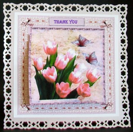 Tulips and Butterflies (pink on Purple) by Rae Trees