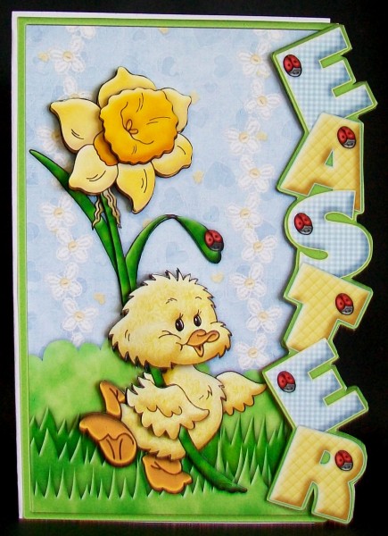 Easter Chick and Daffodil Over the Side Card by Rae Trees