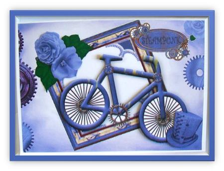 Ladies Blue Bike with Roses and Hat in Steampunk Frame by Rae Trees
