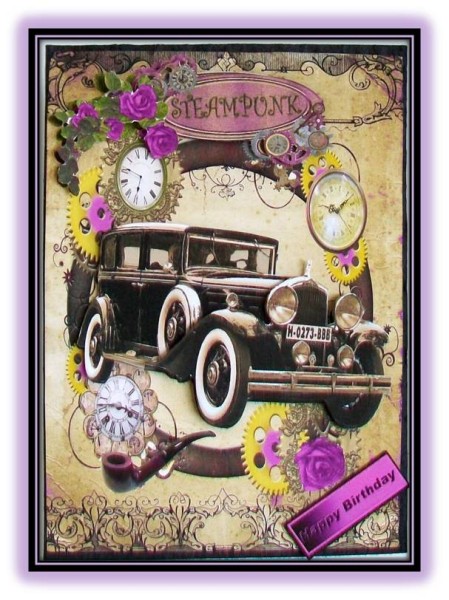 Cerise Roses with Vintage Car in Clock Frame by Rae Trees