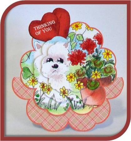 Cute Westie in the Geraniums Petal Stand Card by Rae Trees