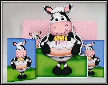 3D Milly Moo Cow's Birthday Cake Shaped Card with Decoupage by Rae Trees