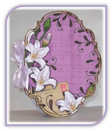 White Lily Swirls Lilac 7x5in Fancy Bracket Folded Card by Rae Trees