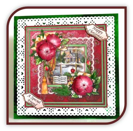Christmas Rose Frame & Church Through Window Decoupage by Rae Trees