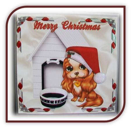 Cute Cavalier in Santa Hat with Dog House by Rae Trees