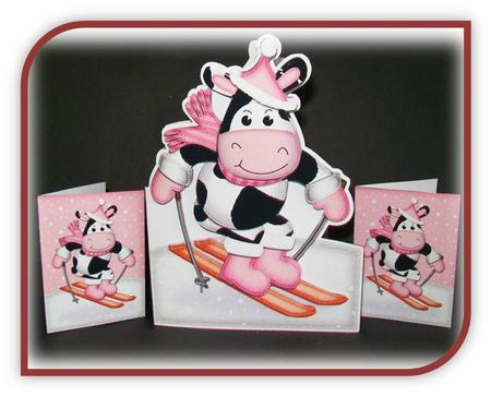 Xmas Skiing Milly Moo Cow Shaped Card with Decoupage by Rae Trees