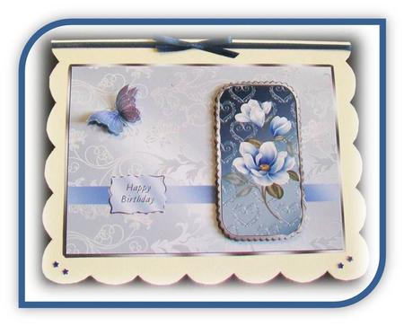 Blue Magnolias & Butterfly Card Front by Rae Trees