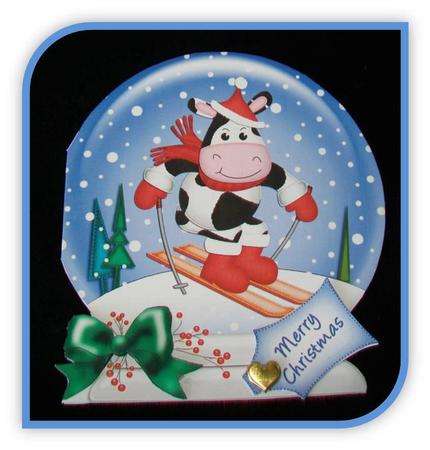 Xmas Skiing Milly Moo Cow Snow Globe Shaped Card by Rae Trees