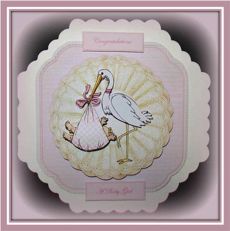 Baby Girl with Stork Card Front by Rae Trees