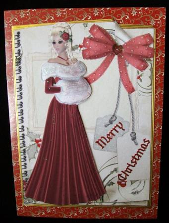 Christmas Lady in Red Decoupage Card Front by Rae Trees