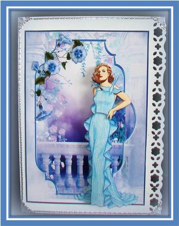 Morning Glory and Lady in Blue Bracket Scene Card by Rae Trees