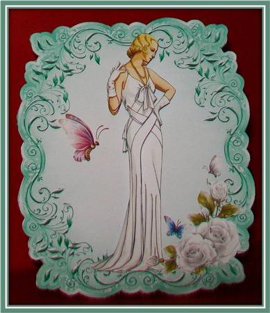 Green Leafy Design Art Deco Lady and White Roses by Rae Trees