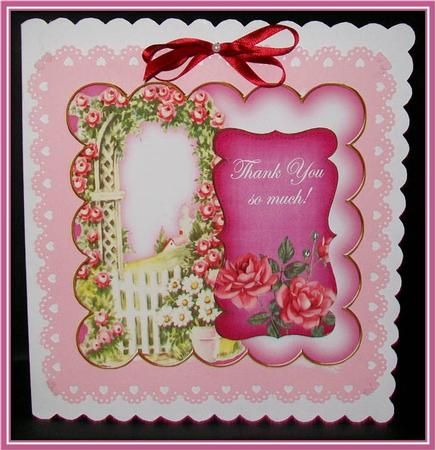Cerise Rose Arch Thank You 8in Scallop Topper by Rae Trees