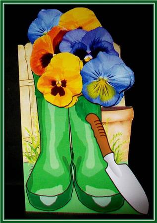 Green Wellies and Pansies Shaped Card by Rae Trees