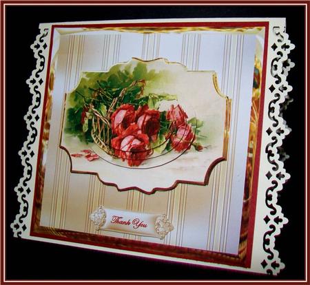 Basket of Vintage Red Roses Card , Topper and Pyramid by Rae Trees