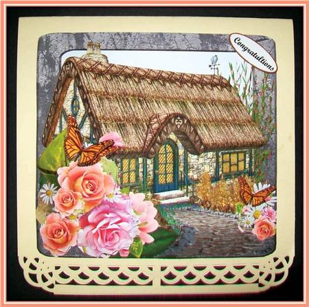 Coral & Pink Rose Cottage Card Topper with Decoupage by Rae Trees