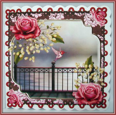 The Humming Bird and Pink Roses 8x8 Topper by Rae Trees