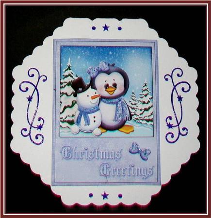 Penguin Builds a Snowman Friend Card Front and Decoupage by Rae Trees