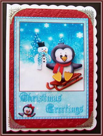 Penguin Sledging Card Front and Decoupage by Rae Trees