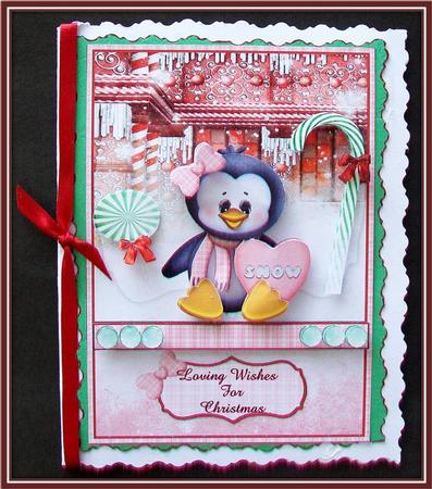 Sweet Penguin Christmas Card Front and Decoupage by Rae Trees
