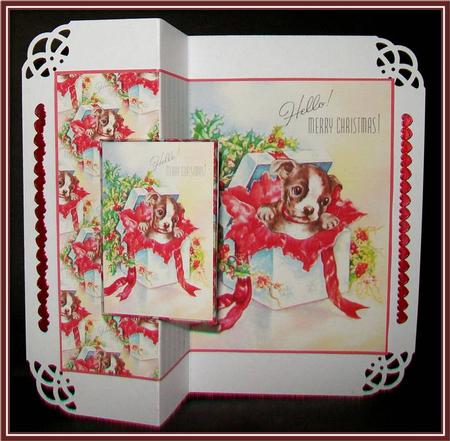 Christmas Puppy in a Box Fold Back Card by Rae Trees