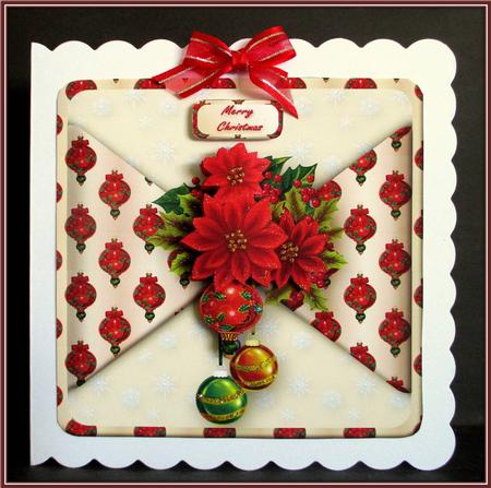 Poinsettias and Baubles Mock Wrap Card Front by Rae Trees