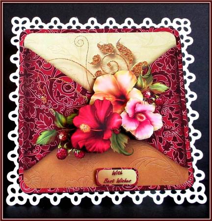 Hibiscus and Berries Mock Wrap Card Front by Rae Trees