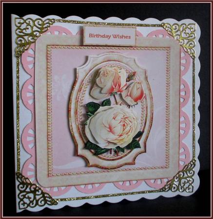 Pearls and Pink Roses Bracket Card with Topper by Rae Trees