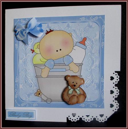 Baby Boy in Bucket with Teddy Bear 8x8 by Rae Trees