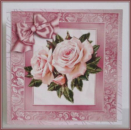 Pink Roses in Ornate Frame with Bow 8x8 by Rae Trees
