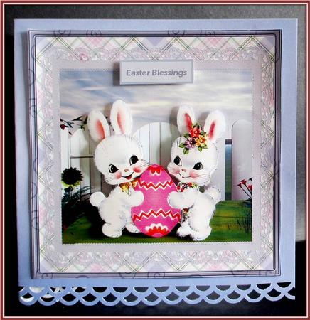 White Easter Rabbit and Egg 7x7 Card by Rae Trees