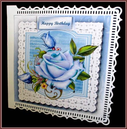 Beautiful Blue Roses on Dragonfly Lace by Rae Trees