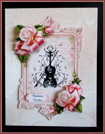 Pink Rose & Violin Flourish, Shaped Topper by Rae Trees