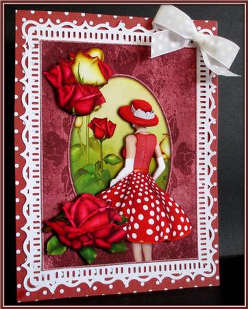 Lady in Red with Roses Card Front by Rae Trees