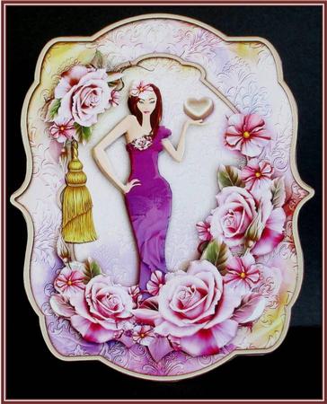 Lady with Heart and Pink Roses in Tag Card Form by Rae Trees