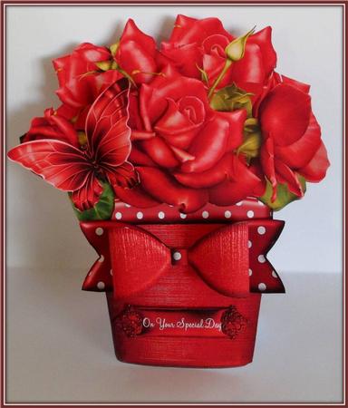 Gorgeous Red Rose Plant Pot with Paper Bow Shaped Card by Rae Trees