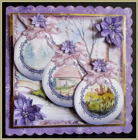 Beautiful Lilac Poinsettia Baubles Card Front Kit by Rae Trees