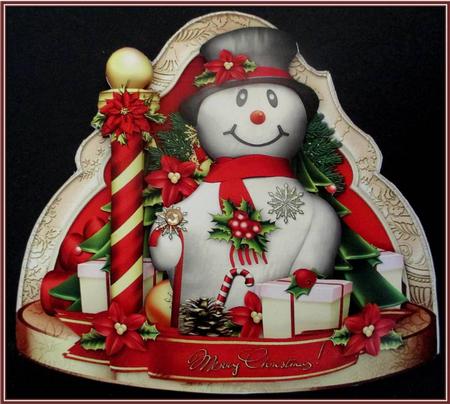 Christmas Snowman with Red Poinsettias and Gifts by Rae Trees
