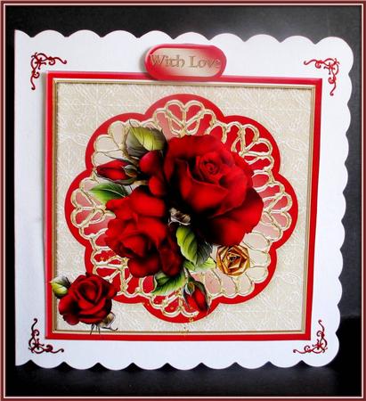 Red Roses Decoupage Card Front by Rae Trees