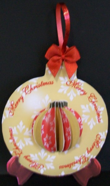 3D Bauble in Red and Gold on Bauble Shaped Plate Card by Rae Trees