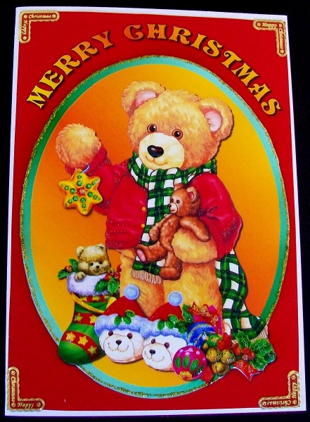 Christmas Teddy Decoupage Quick Card Front by Rae Trees
