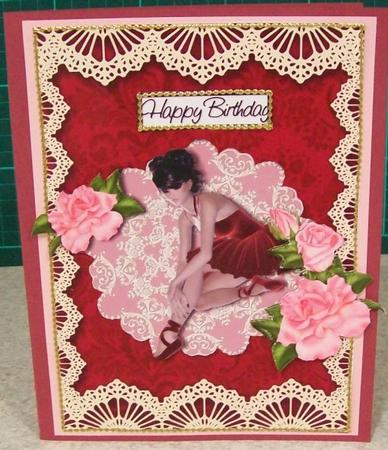 Vintage Cerise Damask Lace Blank Card by Rae Trees