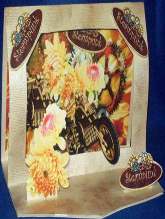 Old Steam Motor Bike with Flowers in Abstract Background A4 by Rayleen Bailey